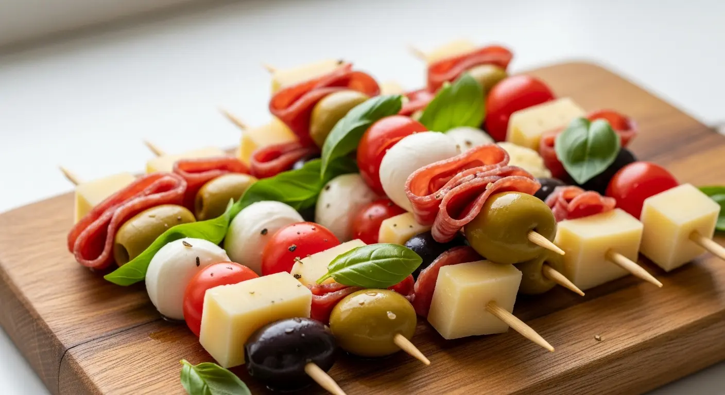 Delicious Elegance: Antipasto Kabobs with Olives & Cheese