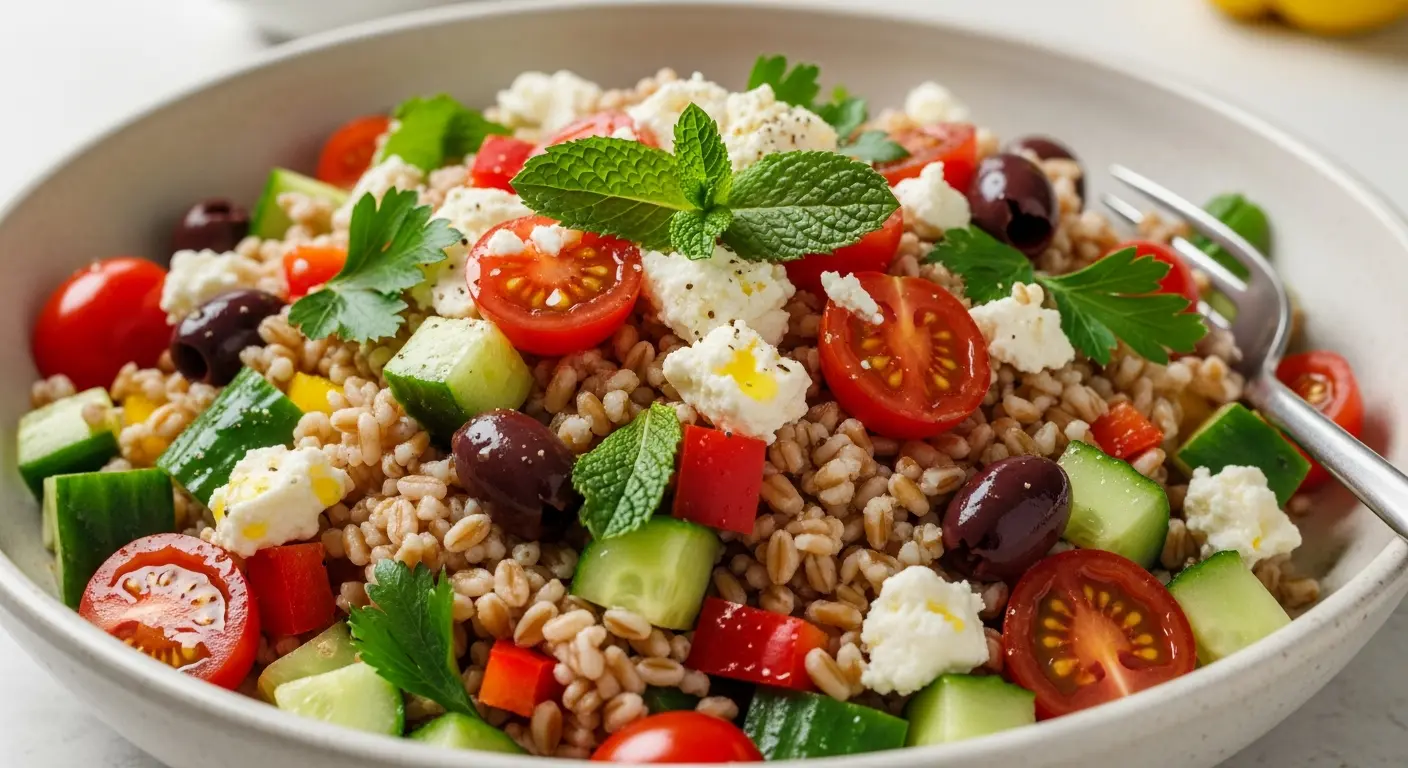 Delicious Fresh & Flavorful Mediterranean Farro Salad with Veggies