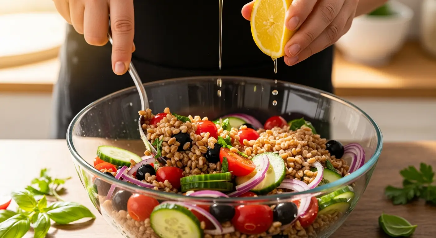 Delicious Fresh & Flavorful Mediterranean Farro Salad with Veggies