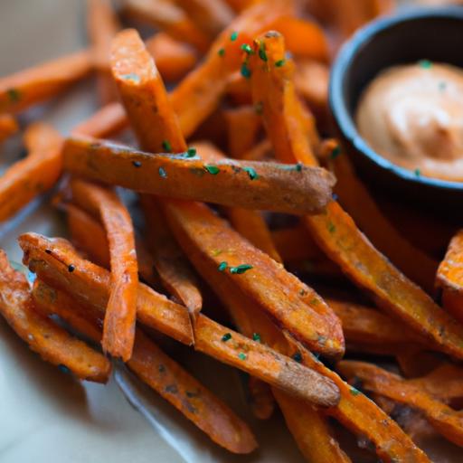 Crispy baked Sweet potato Fries with Zesty Sriracha Aioli